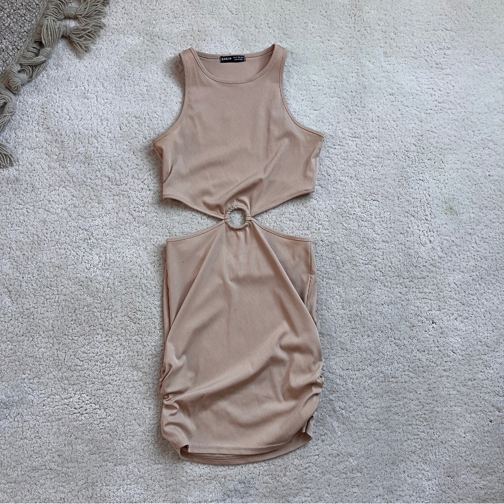 Beige Sleeveless Ring Detail Dress